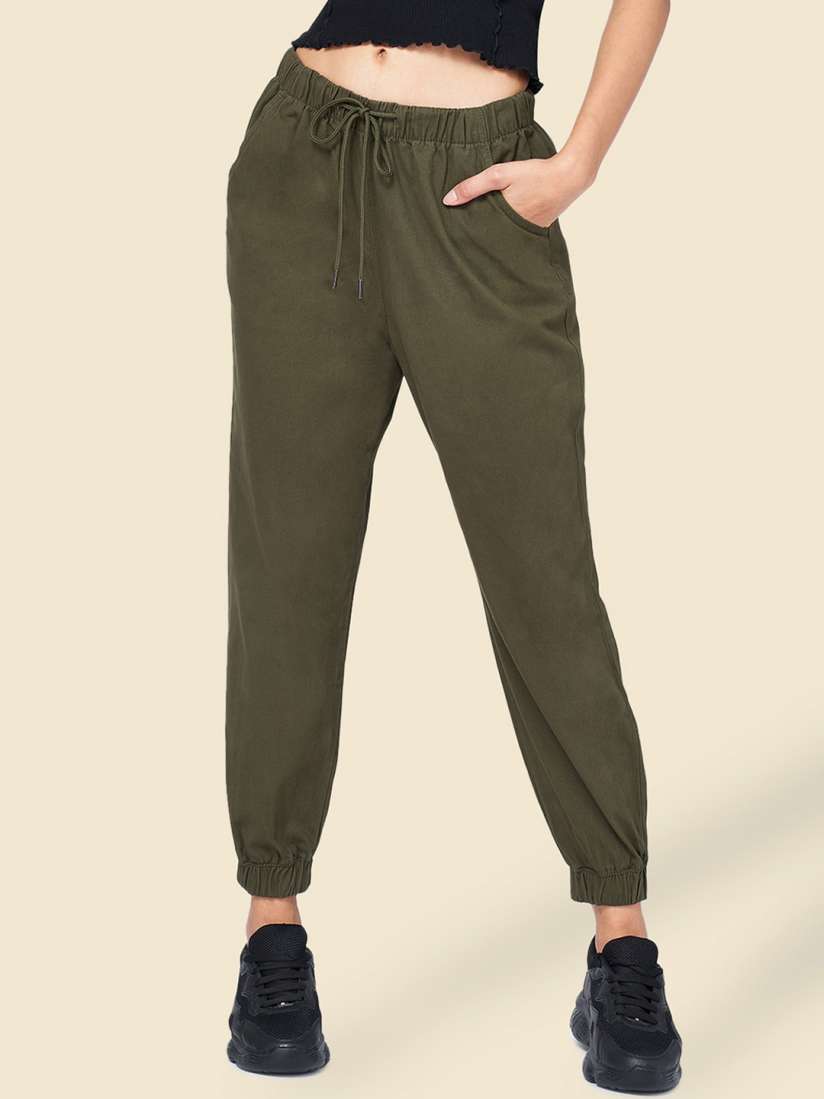 Buy People Women Olive Green Mid Rise Cotton Joggers Trousers for Women 23031830 Myntra