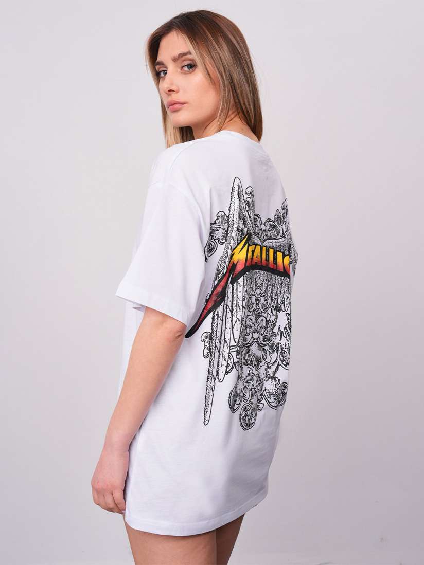 Buy PRET A TUER Metallica Printed Drop Shoulder Sleeves Oversized Pure Cotton T shirt Tshirts for Women 23038702 Myntra