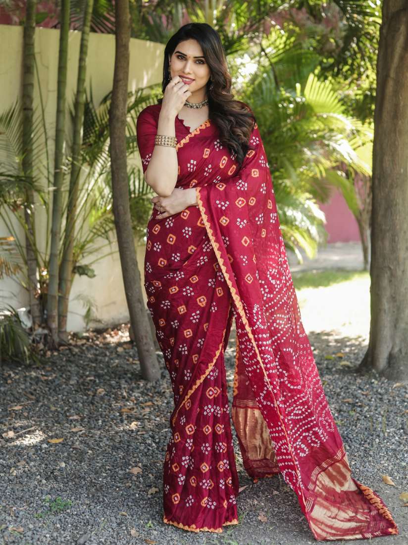 Buy Mitera Maroon Orange Printed Bandhani Saree Sarees for Women 23044116 Myntra