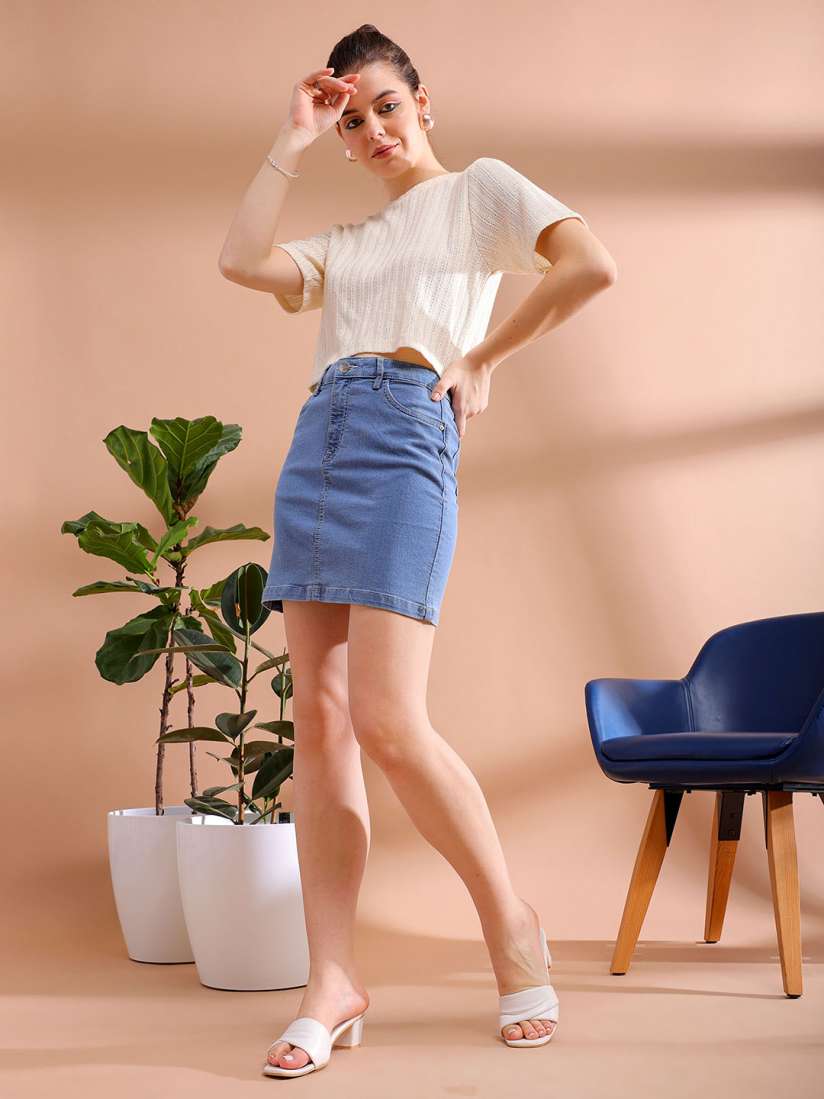 Denim mini pencil skirt top