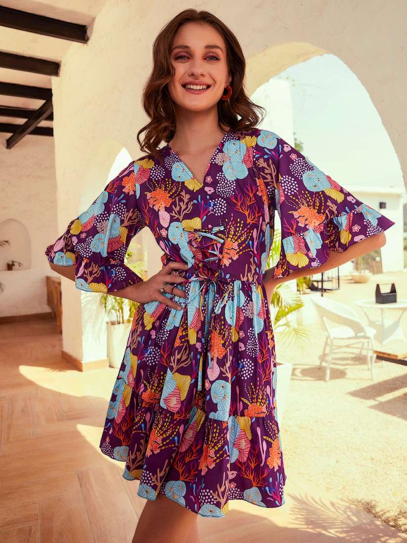 Buy Athena Purple Floral Printed Flared Sleeves Fit Flare Mini Dress Dresses for Women 23048200 Myntra