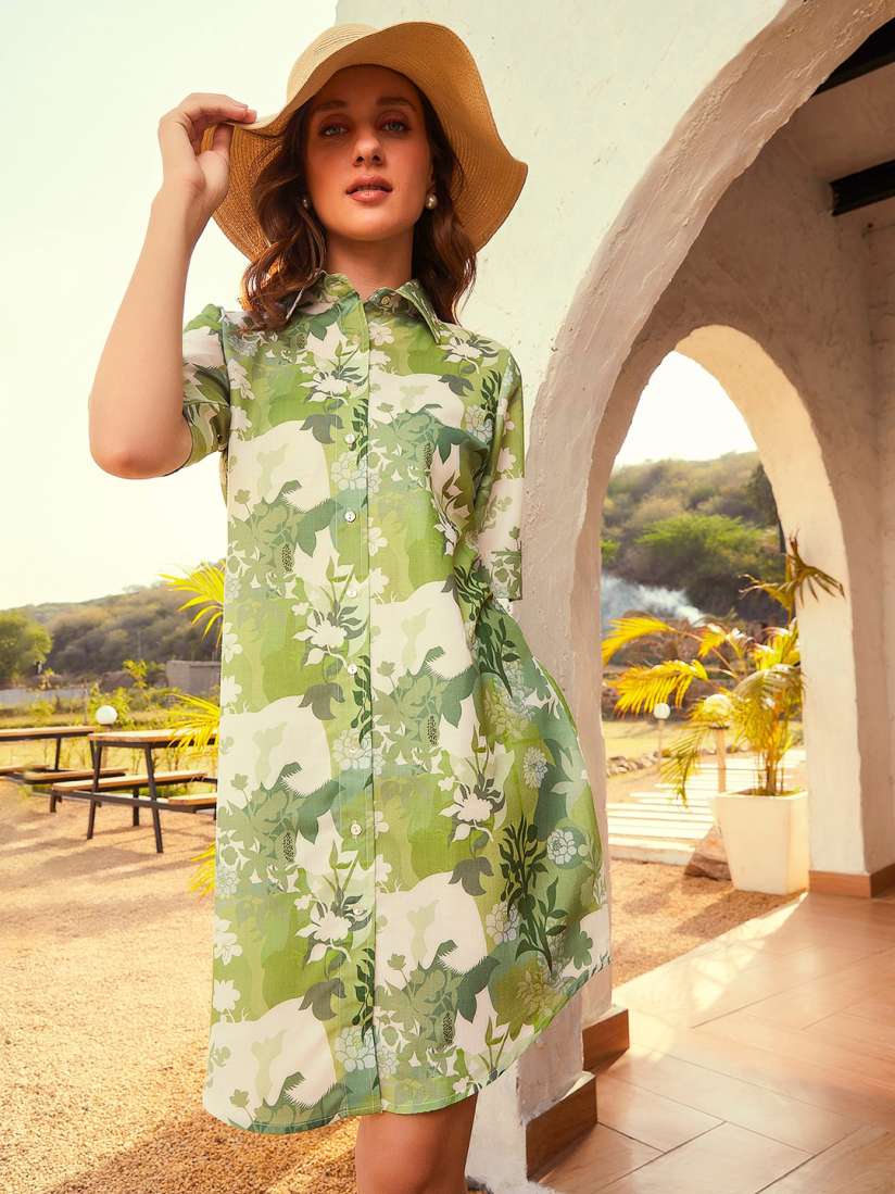 Buy Athena Green Floral Printed Cotton Linen Shirt Dress Dresses for Women 23048276 Myntra