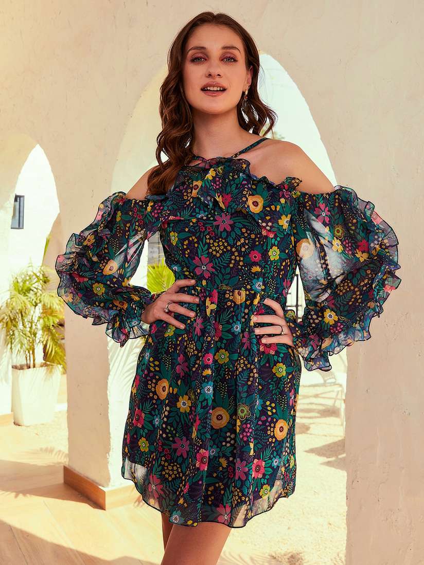 Buy Athena Navy Blue Floral Printed Cold-Shoulder Ruffled