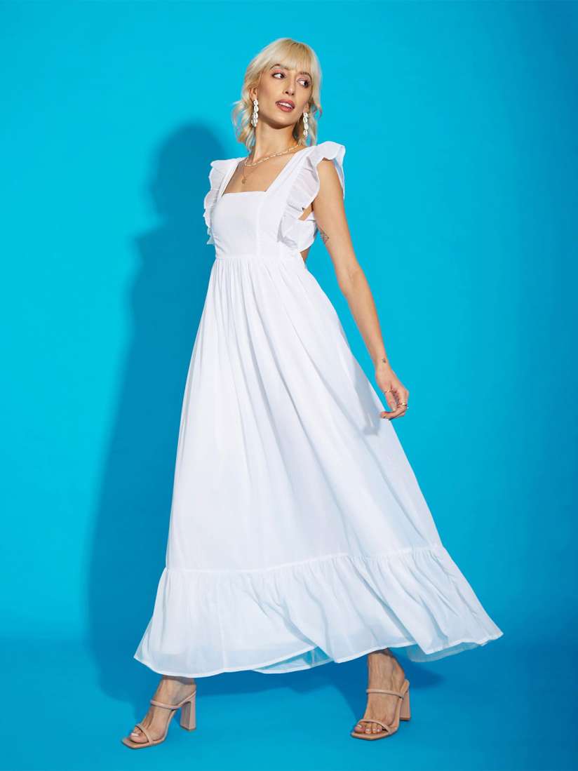Buy SASSAFRAS White Square Neck Cut Out Tie Up Georgette Maxi Dress Dresses for Women 23052674 Myntra