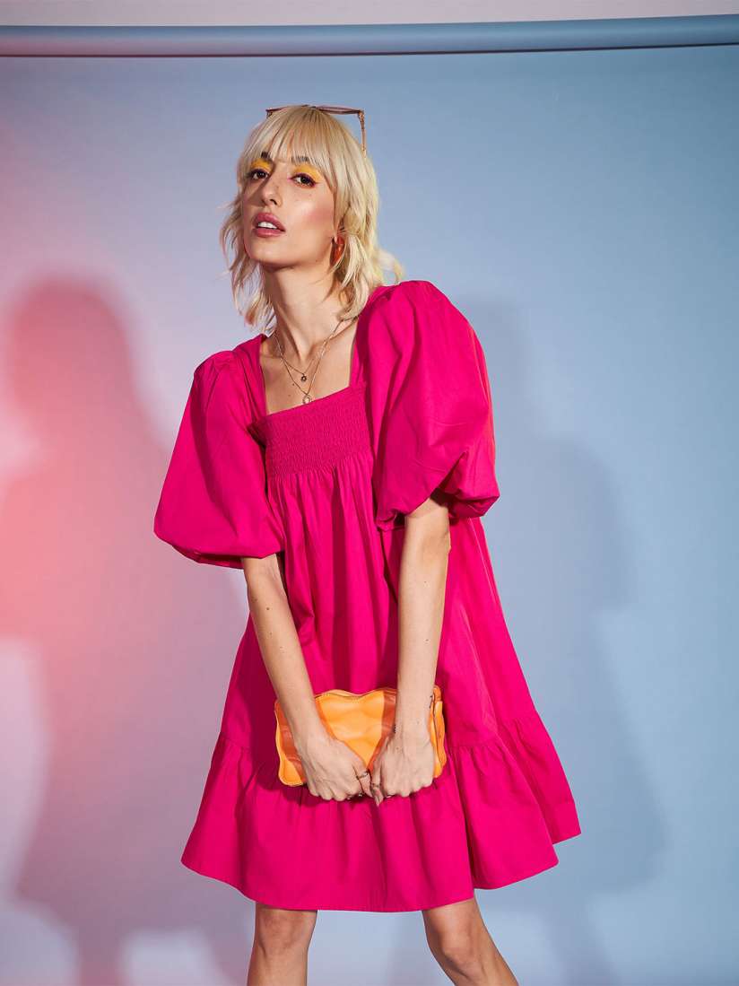 Buy SASSAFRAS Pink Puff Sleeve Smocked Pure Cotton Fit Flare Dress Dresses for Women 23052676 Myntra