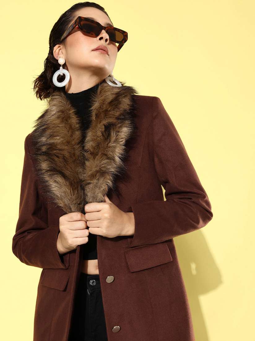 Buy 4WRD by Dressberry Faux Fur Collar Over Coat Coats for Women 23055178 Myntra