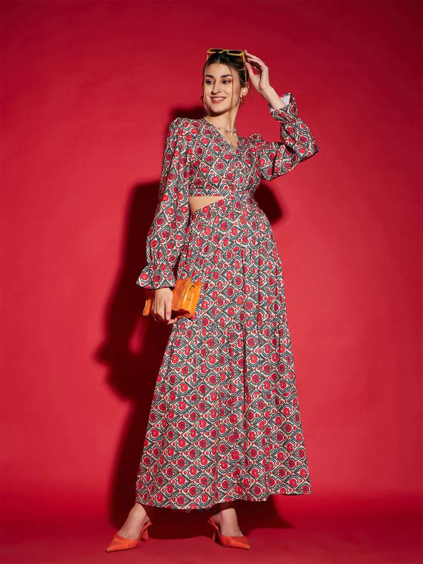 Buy SASSAFRAS Red Floral Printed Cut Out Crepe Maxi Dress Dresses for Women 23058016 Myntra