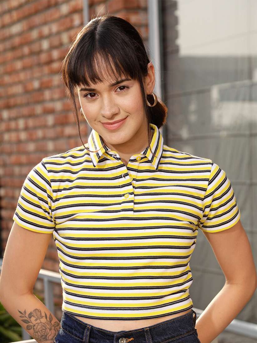 Buy STREET 9 Yellow White Striped Polo Collar Crop Pure Cotton T shirt Tshirts for Women 23063716 Myntra