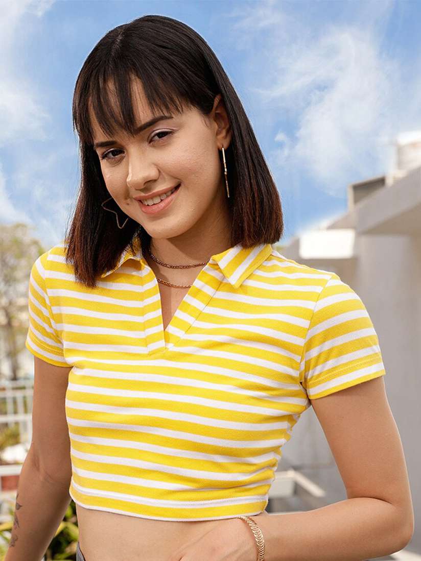 yellow and white striped crop top