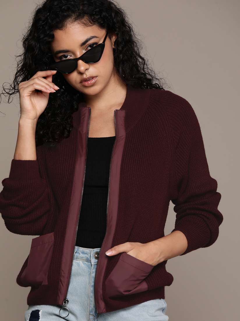 Buy The Roadster Lifestyle Co. Mock Collar Full Sleeves Acrylic Cardigan Sweaters for Women 23070896 Myntra