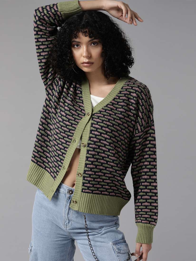 Buy The Roadster Lifestyle Co. Self Design Drop Shoulder Sleeves Acrylic Cardigan Sweaters for Women 23070990 Myntra