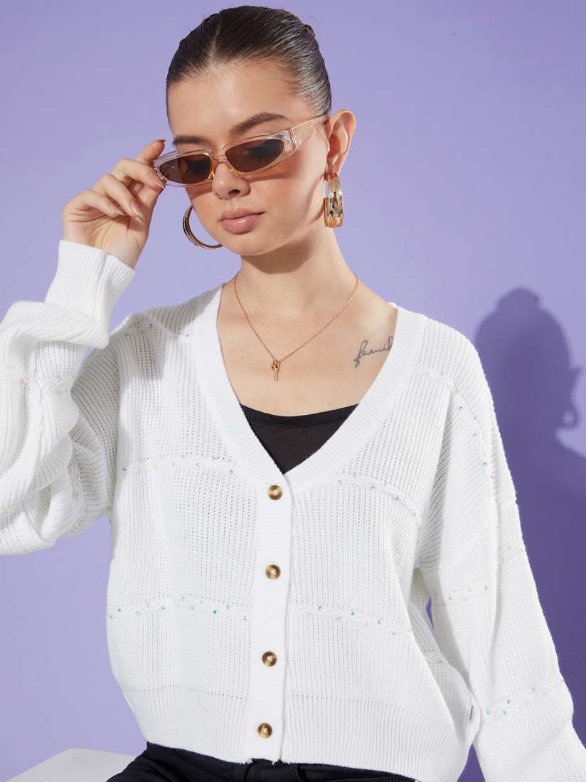 Buy The Roadster Life Co. Solid V Neck Cardigan with Sequin Detail Sweaters for Women 23071310 Myntra