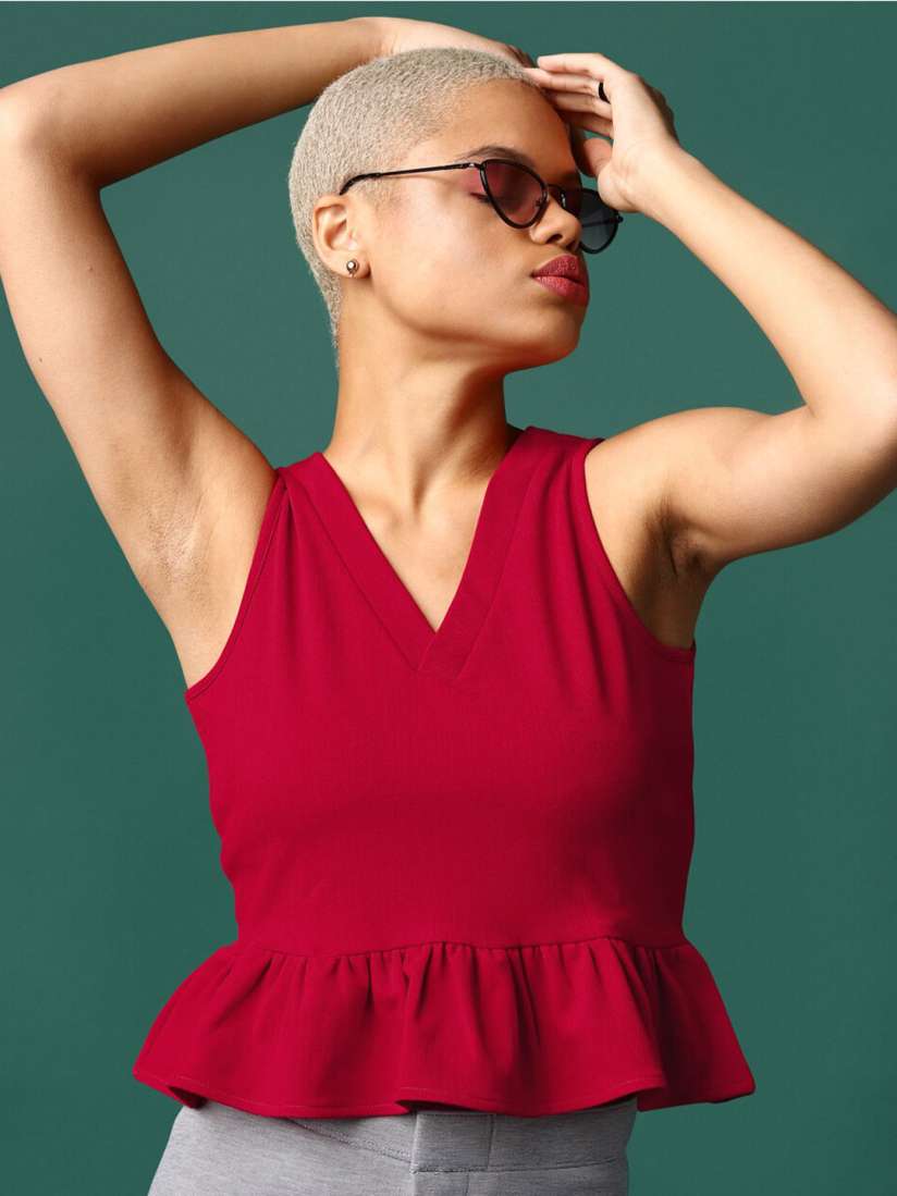 Buy PURVAJA V Neck Sleeveless Ruffled Crop Peplum Top Tops for Women 23075492 Myntra