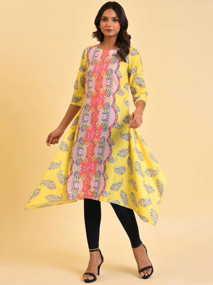 Yellow & Beige Paisley Printed A-line Kurta