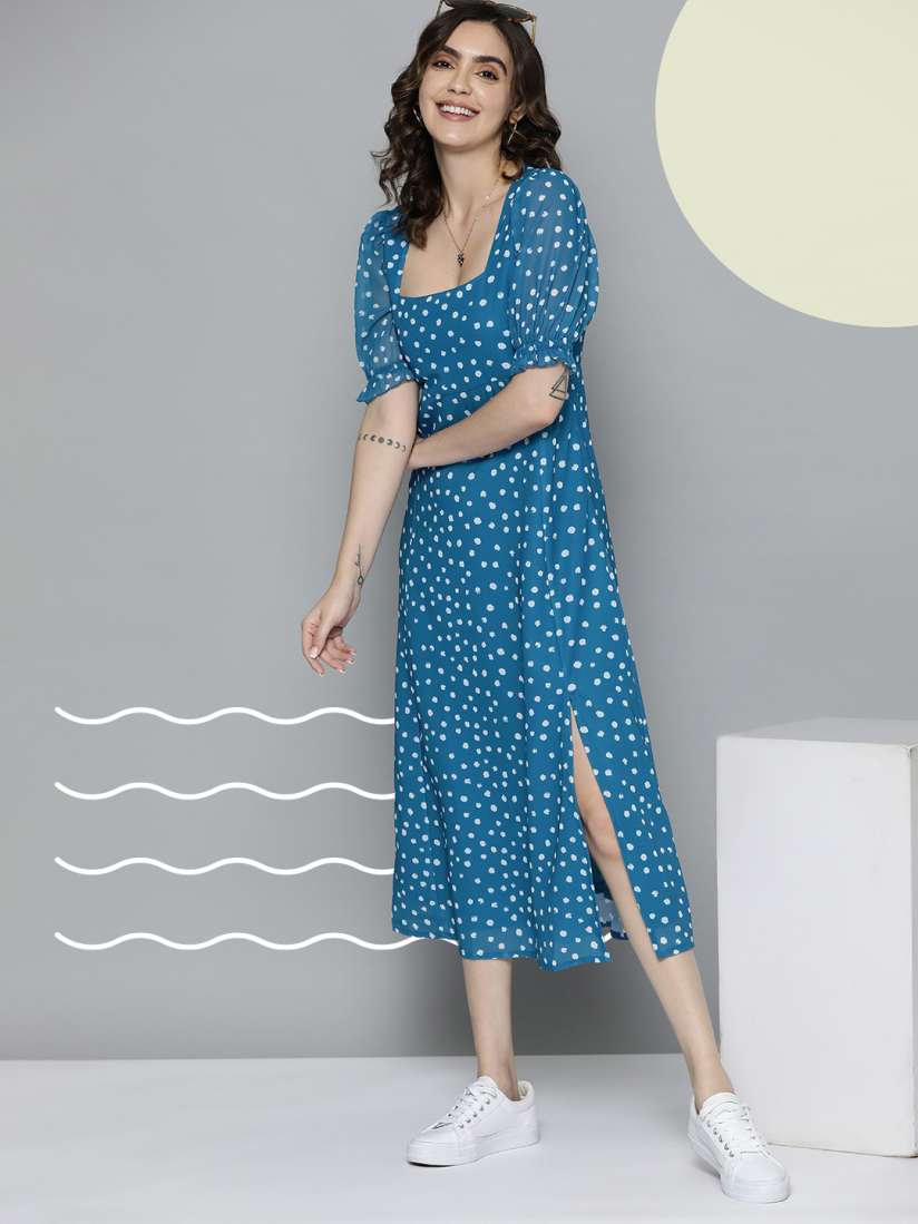Buy Mast Harbour Polka Dot Print Puff Sleeve A Line Midi Dress Dresses for Women 23102352 Myntra