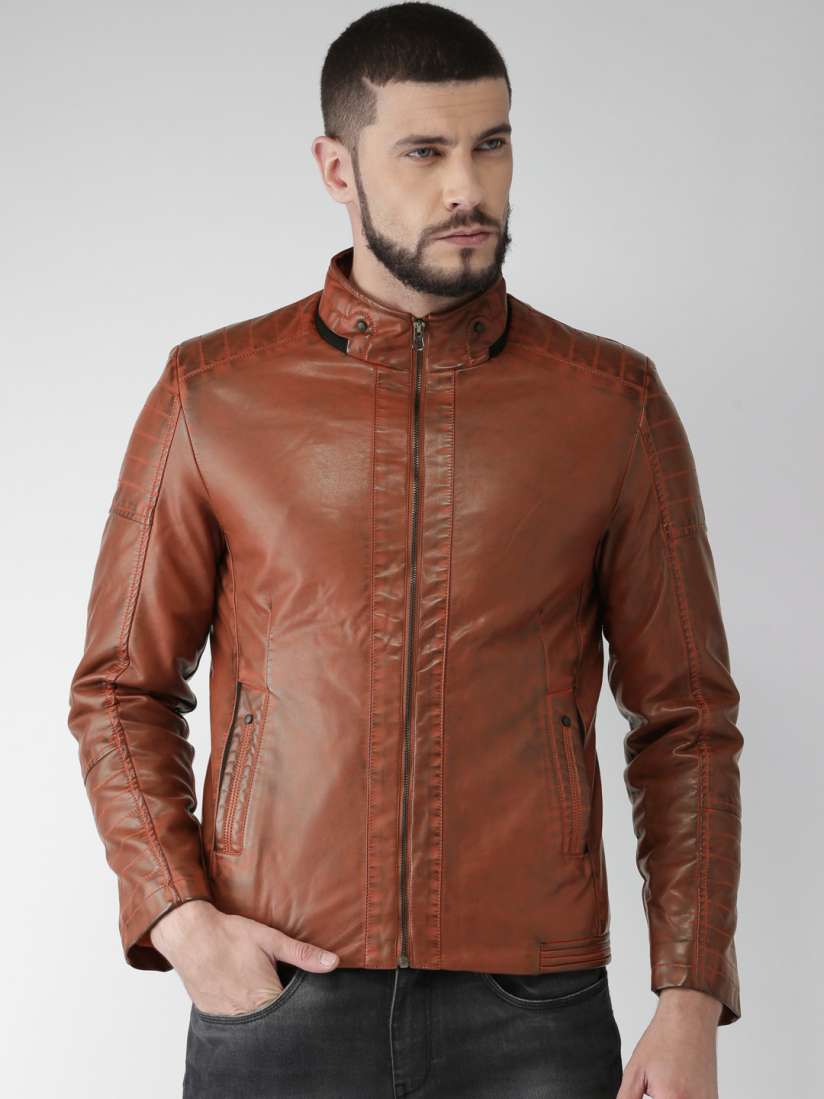 Buy Fort Collins Men Tan Brown Solid Biker Jacket Jackets for Men 2311222 Myntra