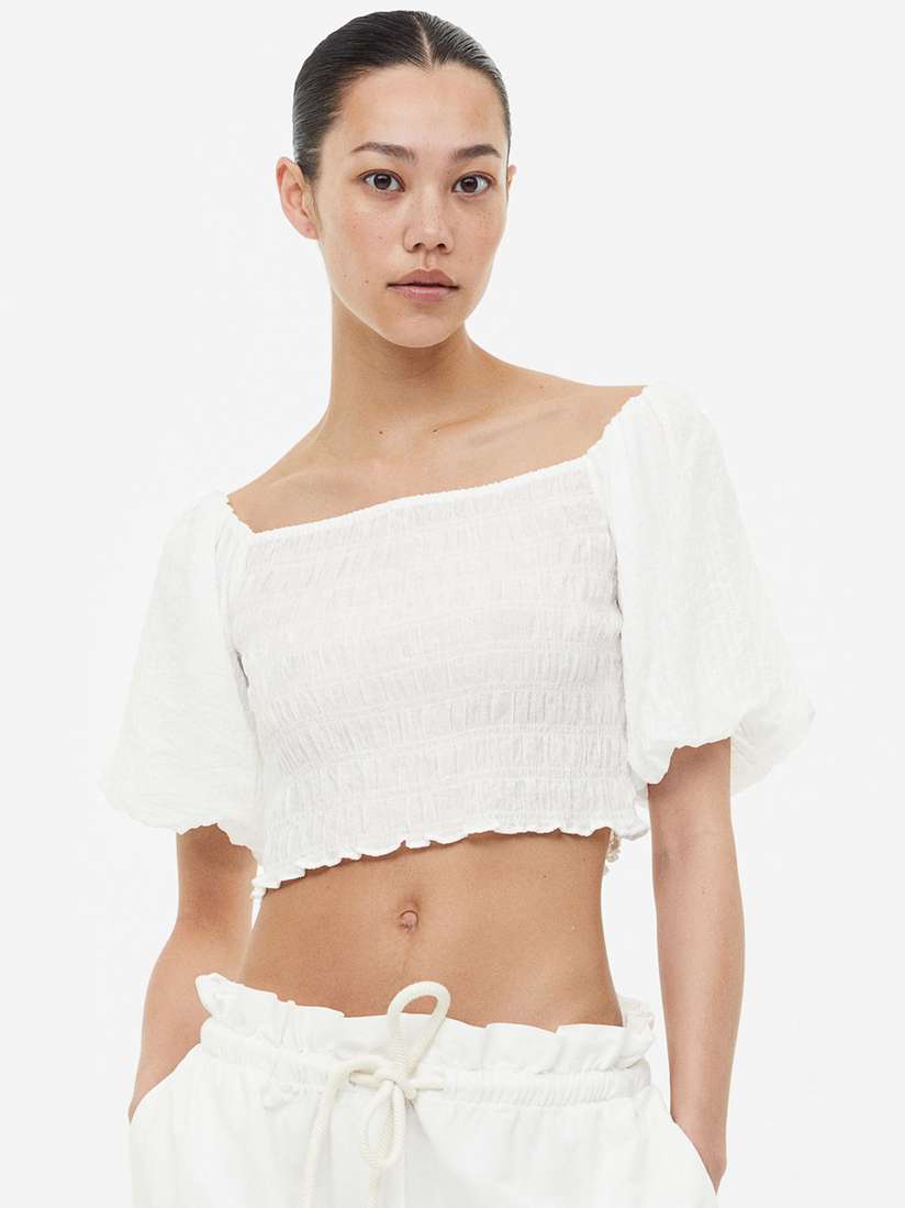 white smocked off the shoulder top