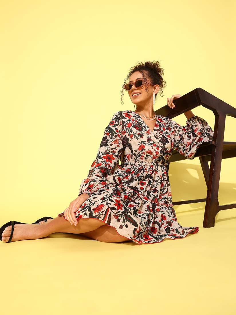 Buy Antheaa Beige Red Floral Print Puff Sleeves Chiffon Wrap Dress Dresses for Women 23136704 Myntra