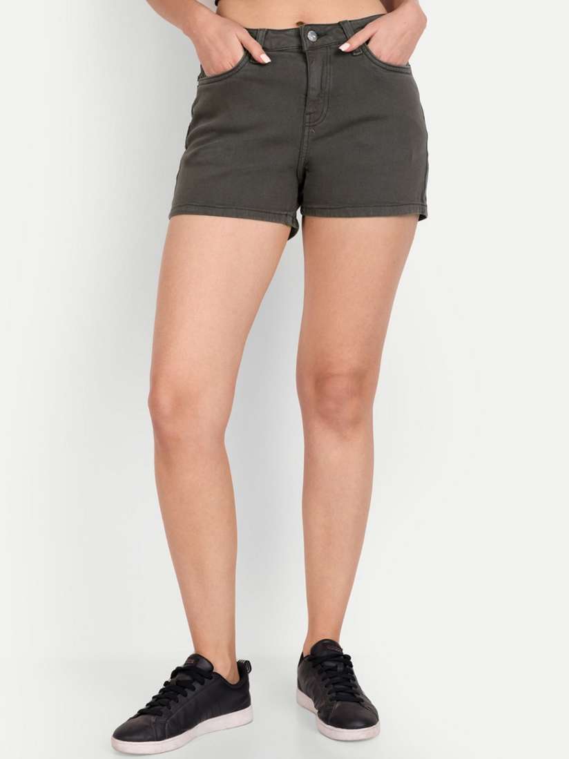 Buy DressBerry Women Olive Green Mid Rise Denim Shorts Shorts for Women 23137898 Myntra