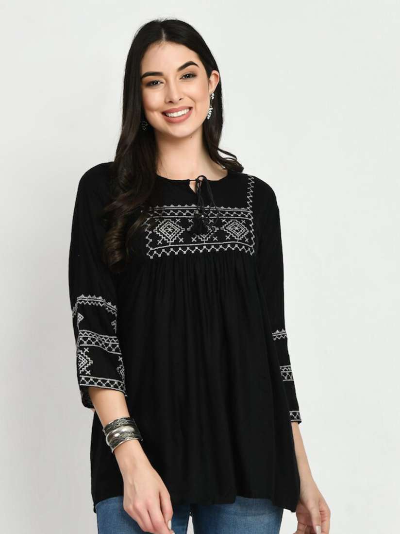 Buy HERE NOW Black Tie Up Neck Ethnic Motifs Embroidered Kurti Kurtis for Women 23162818 Myntra