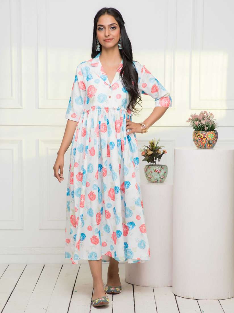 Buy Myshka Floral Printed Cuban Shirt Collar Casual Fit Flare Dress Dresses for Women 23187542 Myntra