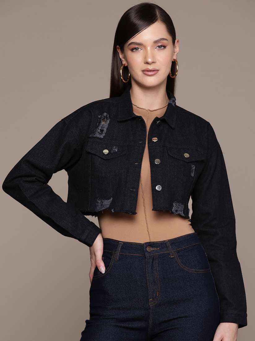ROMWE Black Drop Shoulder Long Sleeve Frayed Hem Ripped Crop Denim