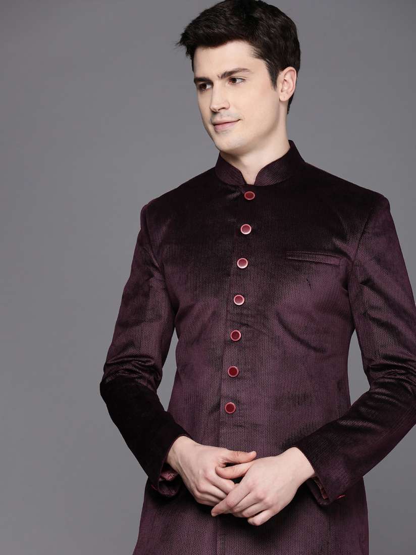 Buy Manu Men Self Design Velvet Textured Kurta With Churidar Indo Western Sherwani Set Sherwani for Men 23189200 Myntra