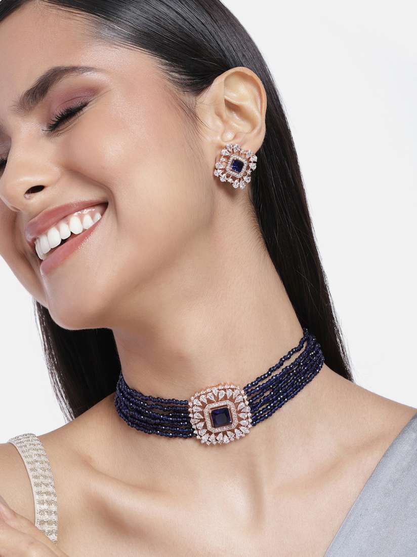 Buy Estele Rose Gold Plated CZ Square Choker Necklace Set with Navy Blue Beads for Women Jewellery Set for Women 23190708 Myntra