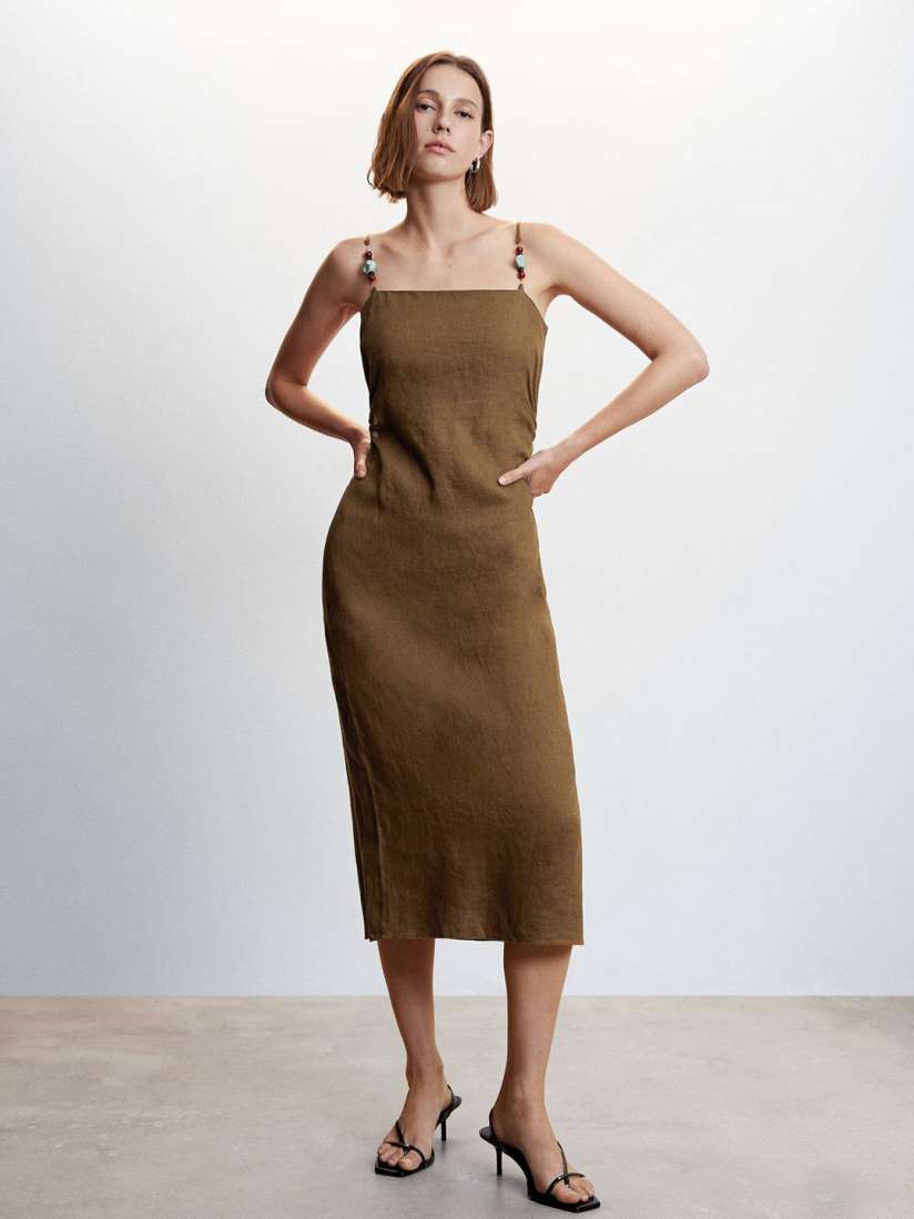 Buy MANGO Mustard Yellow Off Shoulder Linen A Line Midi Dress Dresses for Women 23198362 Myntra