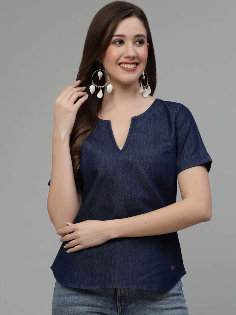 Buy Wool Trees Round Notch Neck Short Sleeves Denim Top Tops for Women 23209846 Myntra