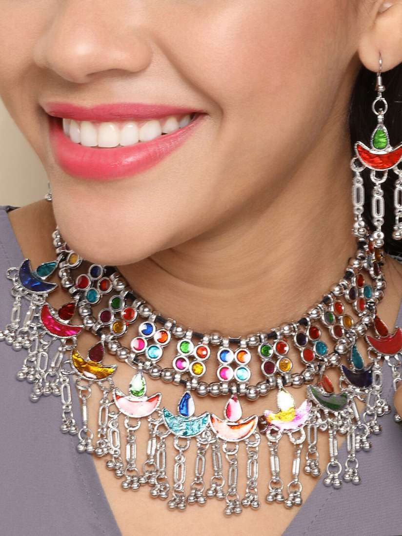 Buy Sangria Red Blue Silver Plated Stone Studded Jewellery Set Jewellery Set for Women 23246376 Myntra