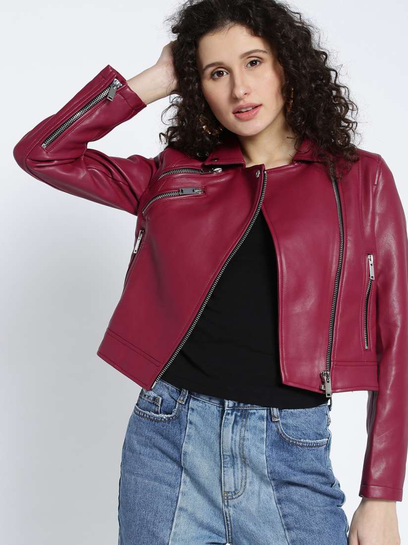 Buy MANGO Women Burgundy Solid Crop Biker Jacket Jackets for Women 2325791 Myntra
