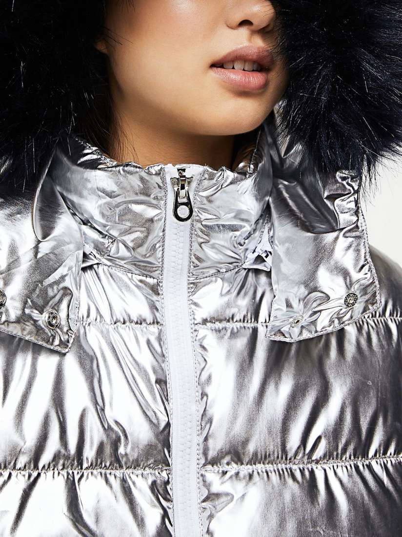 Fur Womens Silver Puffer Coat Silver Glossy Down Puffer Jacket