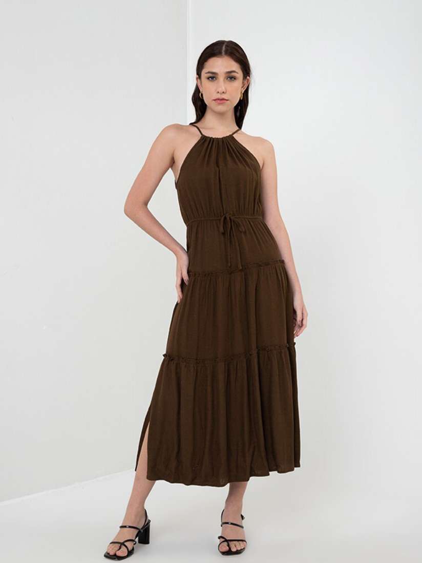 Buy Zalora Studios Halter Neck Linen Fit Flare Tired Midi Dress Dresses for Women 23261752 Myntra