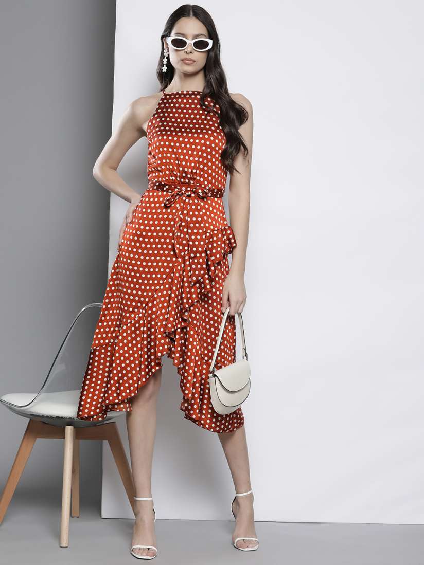 Buy Boohoo Polka Dot Print Ruffled Satin A Line Midi Dress Dresses for Women 23266994 Myntra