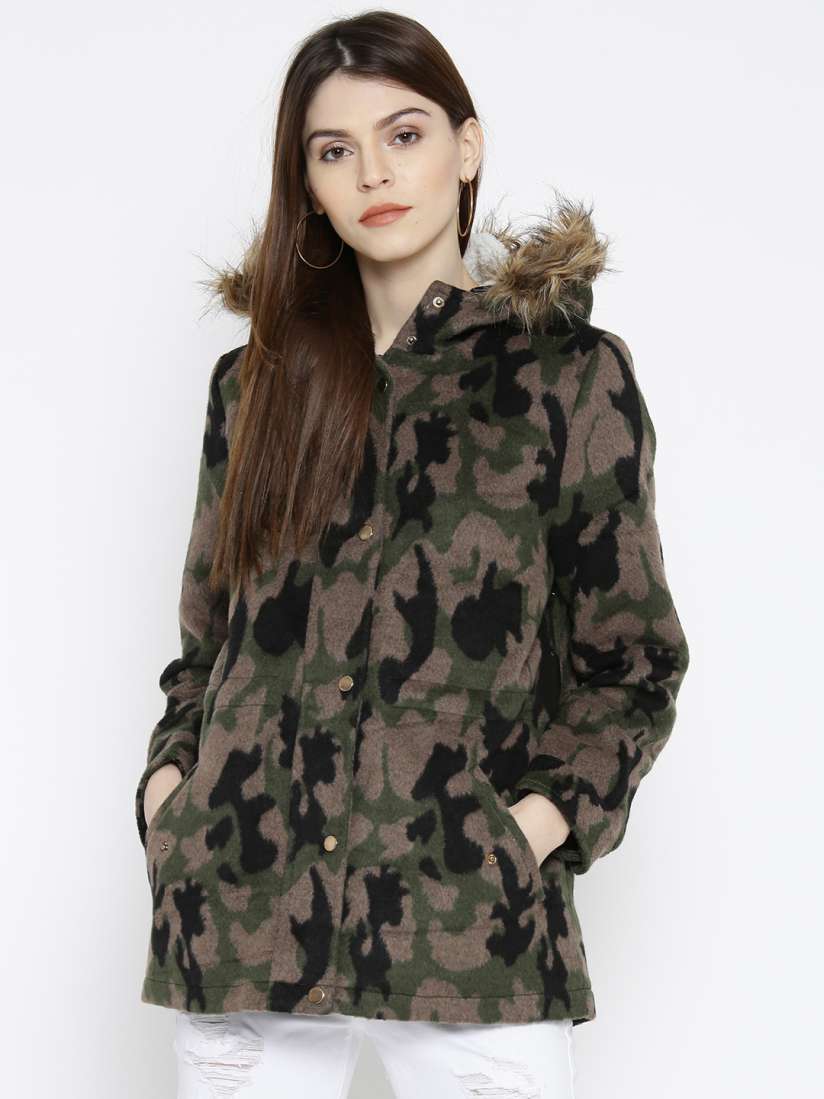 Buy FOREVER 21 Women Olive Green Longline Camouflage Print Parka Jacket Jackets for Women 2326810 Myntra