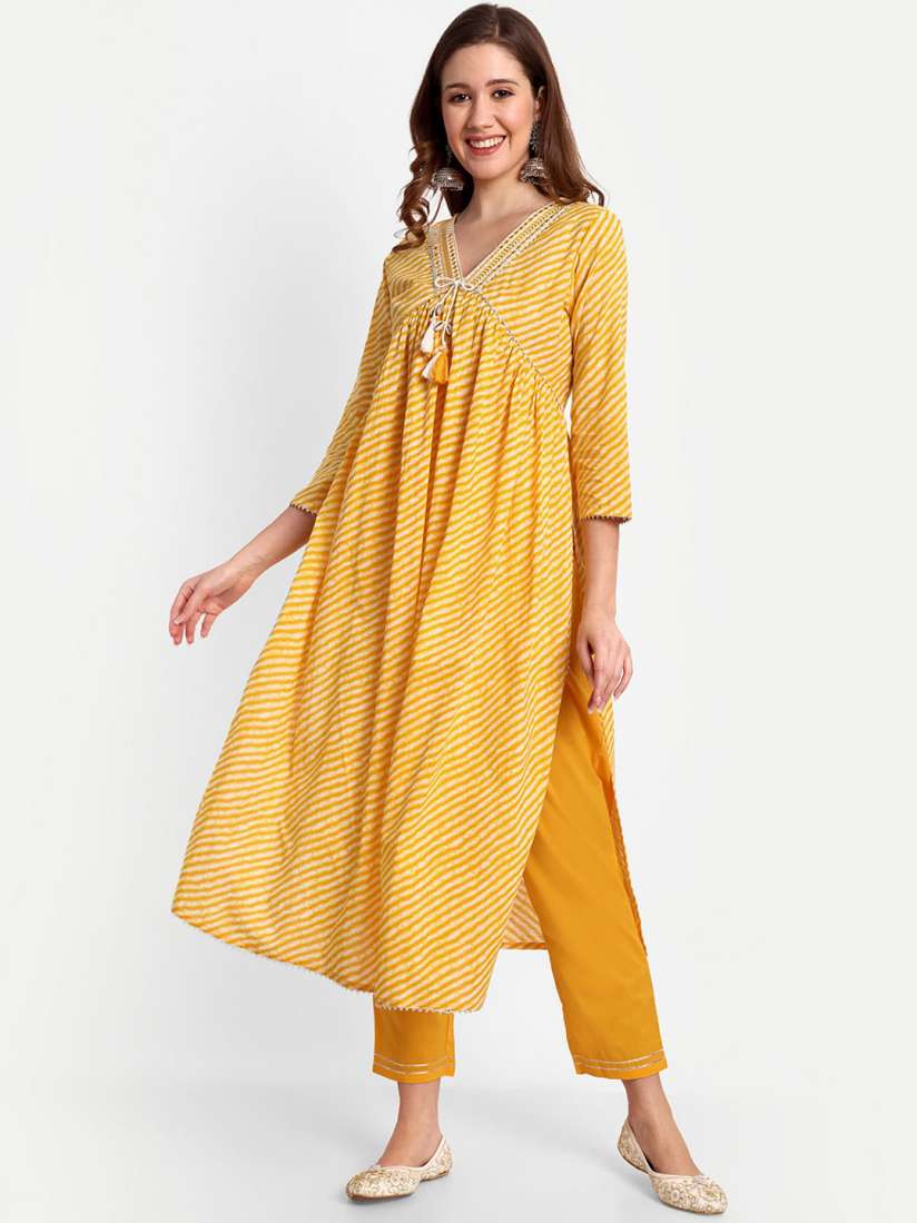 Buy NH KAPDEWALA Women Yellow Printed Empire Mirror Work Pure Cotton Kurti with Trousers Kurta Sets for Women 23274458 Myntra