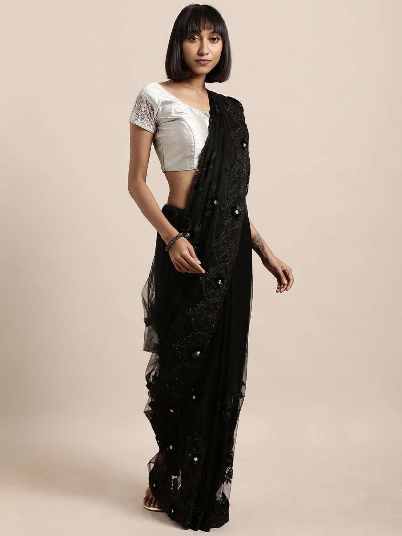 Buy Sangria Black Floral Mirror Work Net Saree Sarees for Women 23279660 Myntra