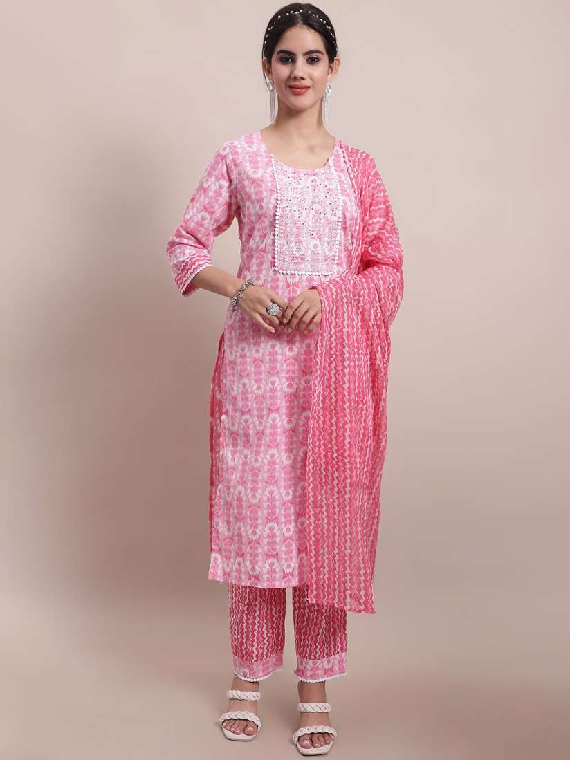 Buy Sangria Pink Embroidered Pure Cotton A Line Kurta With Trouser Dupatta Kurta Sets for Women 23289672 Myntra