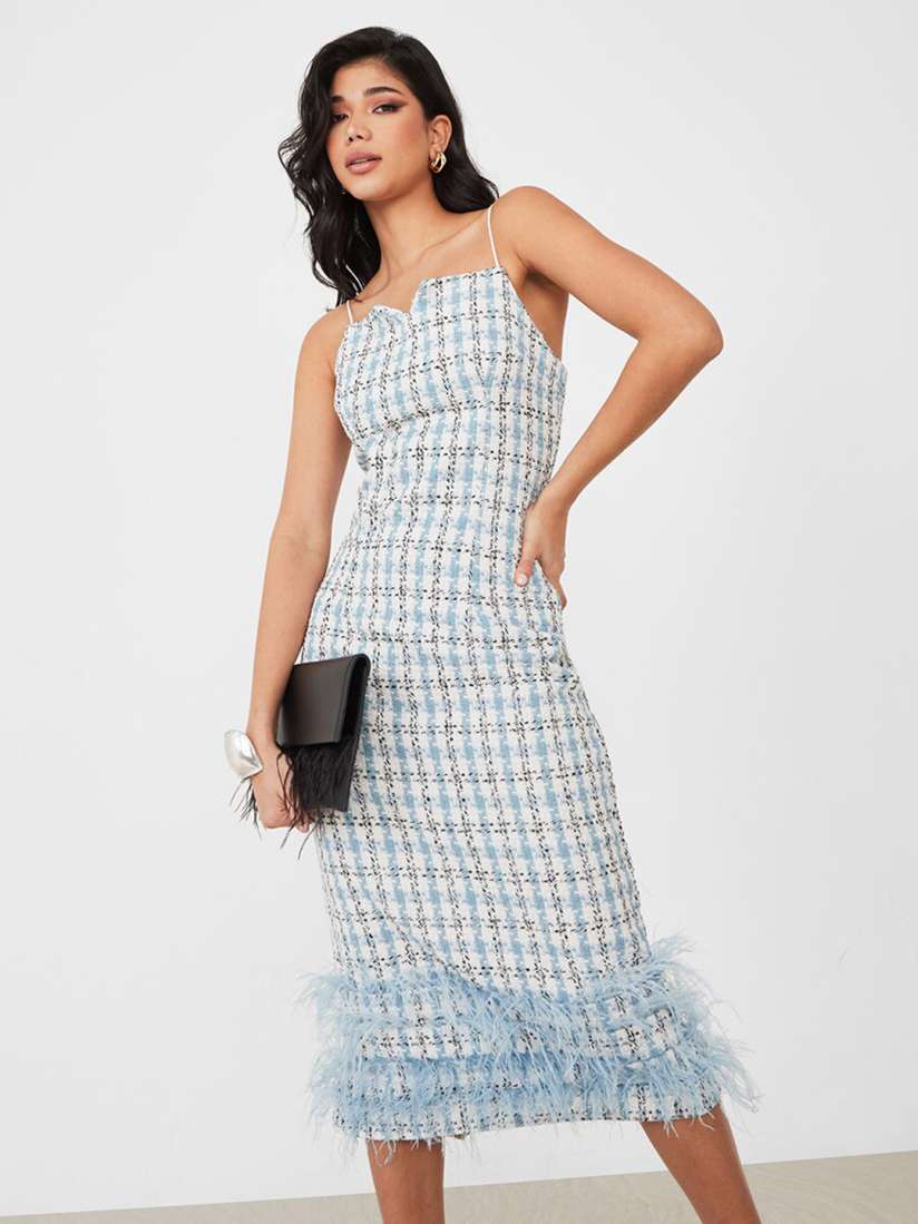 Buy Styli Blue Spaghetti Strap Checked A Line Midi Dress Dresses for Women 23307098 Myntra