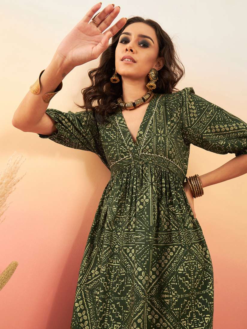 Buy Sangria Foil Printed Midi A Line Ethnic Dress Ethnic Dresses for Women 23307226 Myntra