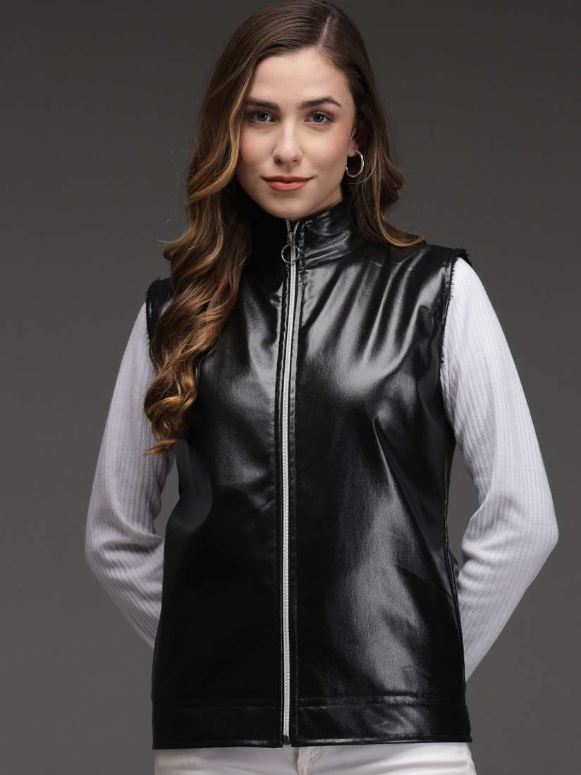 Buy BAESD Mock Collar Sleeveless Synthetic Leather Biker Jacket Jackets for Women 23341982 Myntra