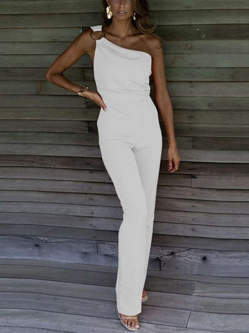 White one shoulder pantsuit cheap