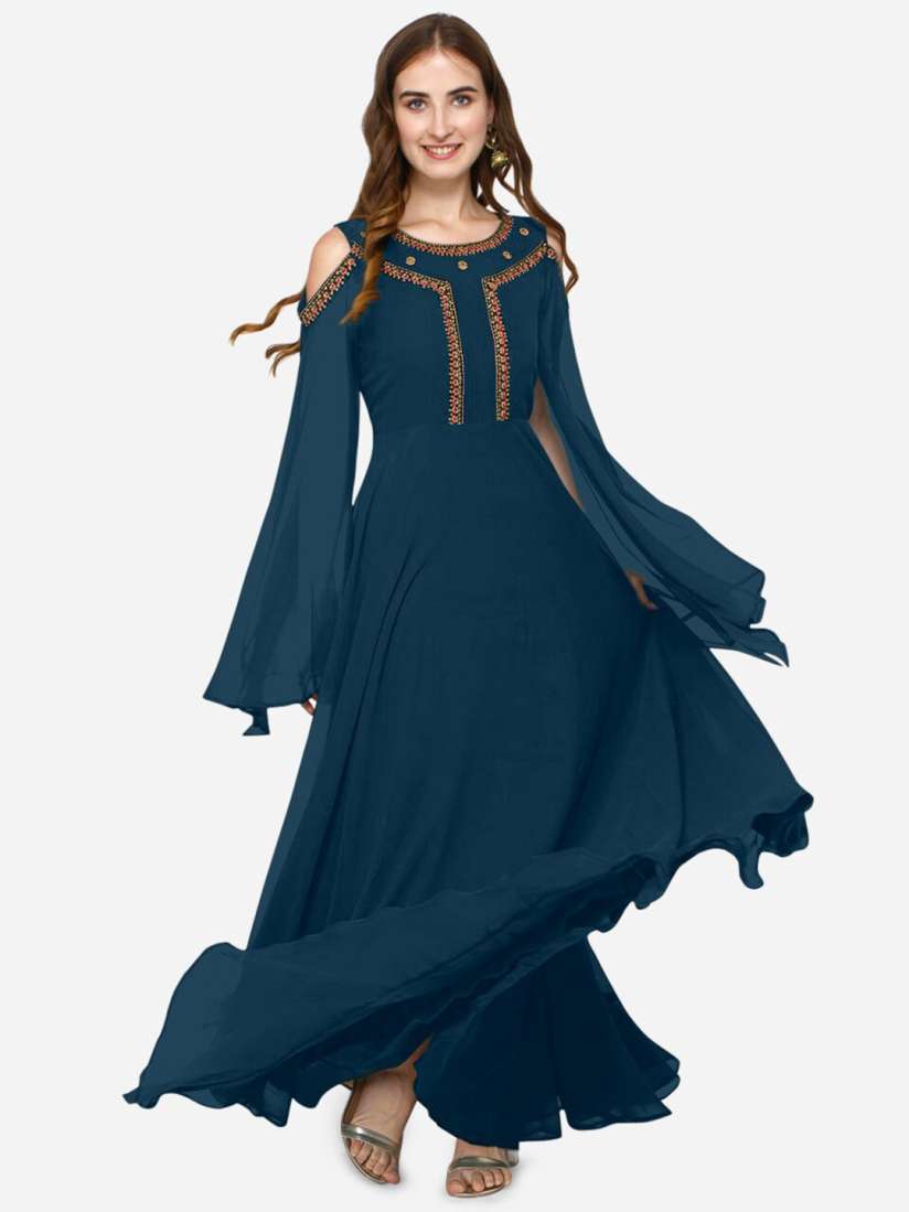 Buy Femvy Solid Embroidered Round Neck Cold Shoulder Cape Sleeves Fit Flare Maxi Ethnic Dress Ethnic Dresses for Women 23352632 Myntra