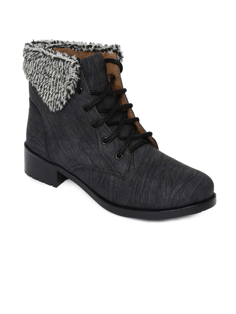 Buy Marc Loire Women Black Solid Synthetic Leather Mid Top Flat Boots Boots for Women 2335754 Myntra