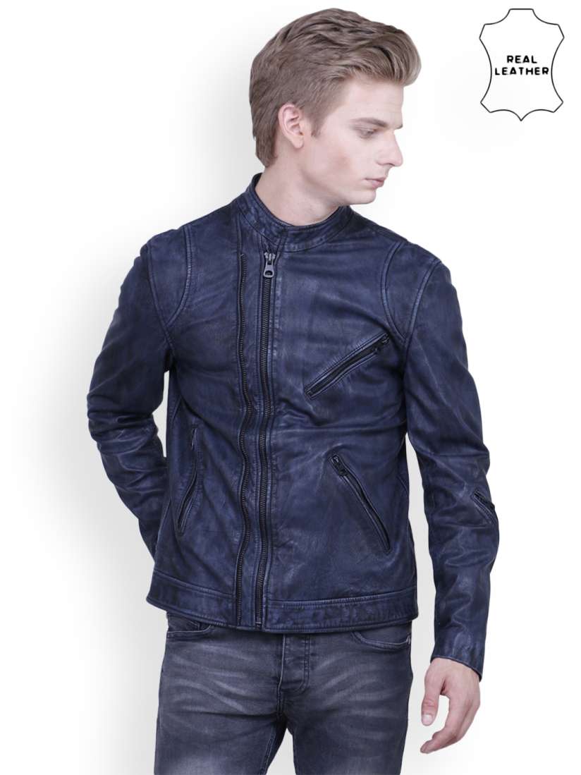 Buy Justanned Men Blue Solid Leather Jacket Jackets for Men 2337058 Myntra