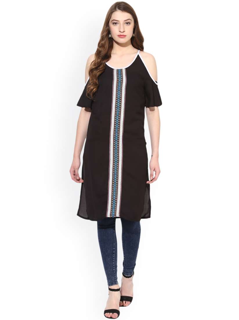Buy Juniper Black Georgette Embroidered Cold Shoulders Kurti Kurtis for Women 2337602 Myntra