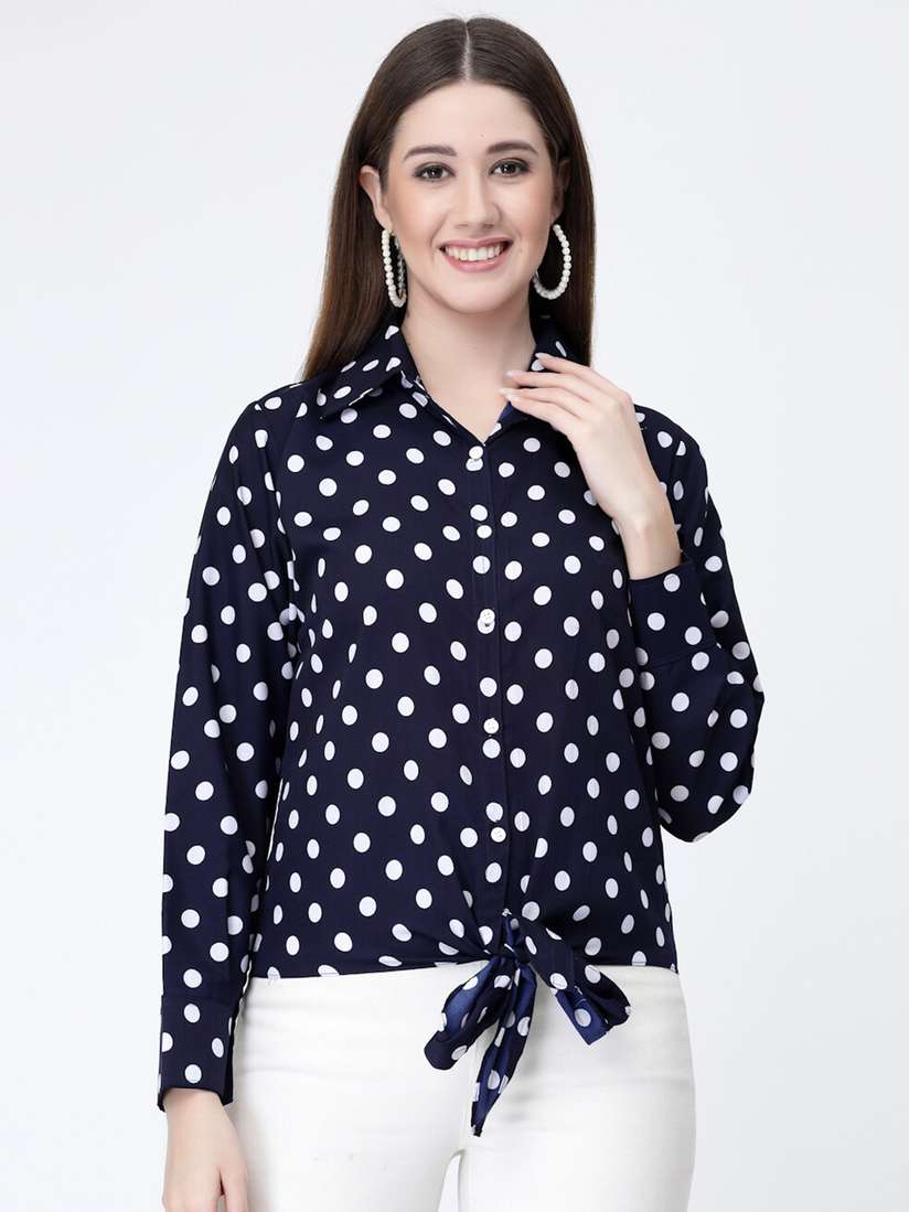 navy and white spotted tops