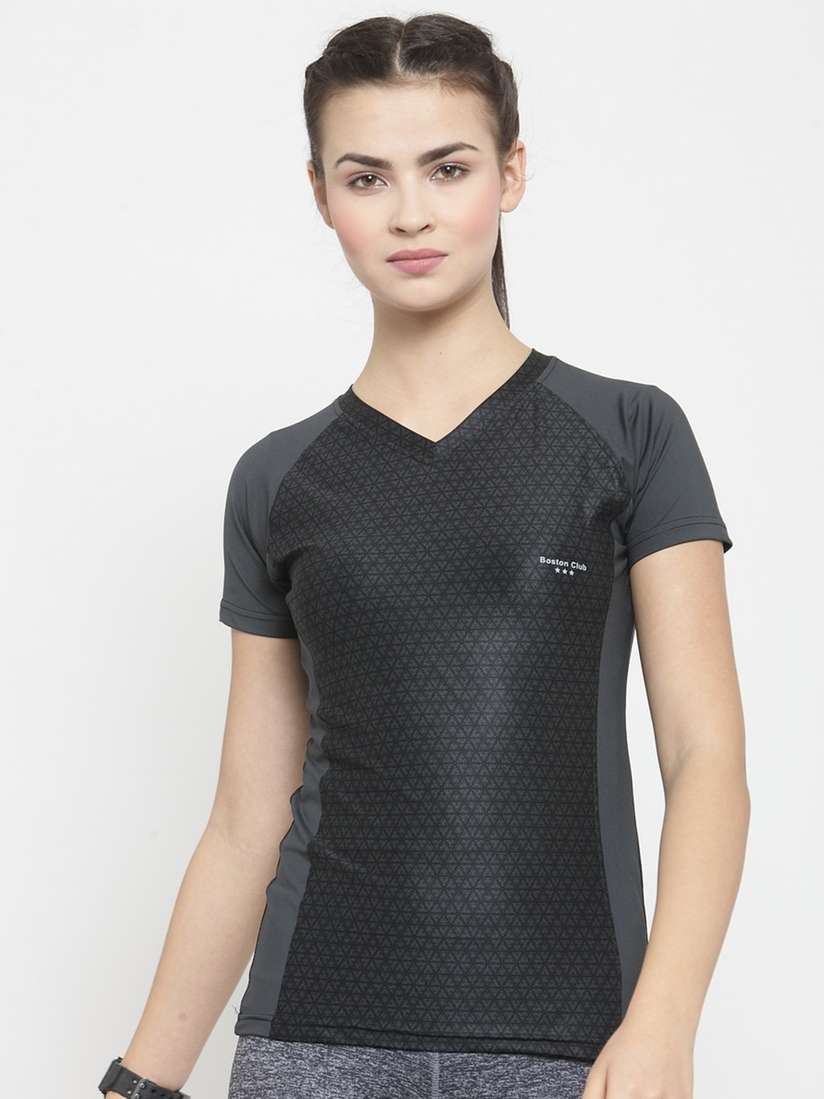 Boston Club Women Black V-Neck Dri-FIT Pockets T-shirt