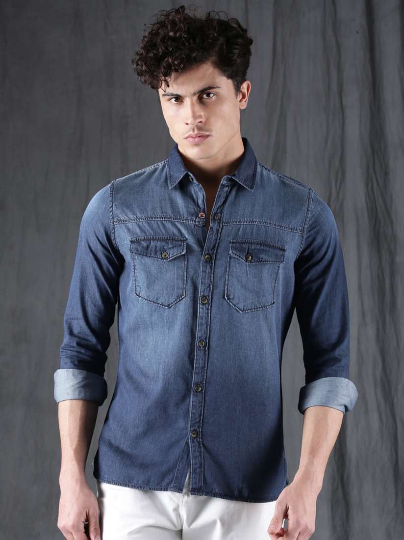 Buy WROGN Men Blue Slim Fit Faded Casual Denim Shirt Shirts for Men 2338805 Myntra